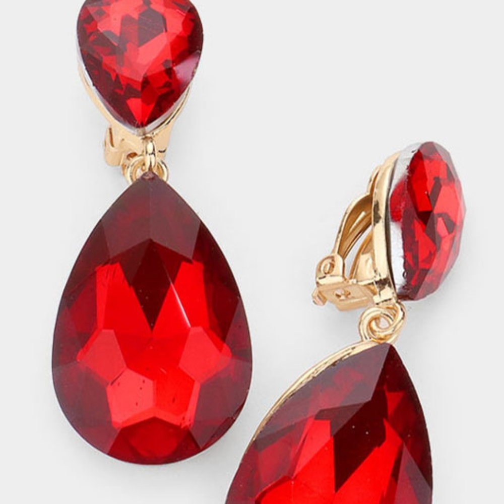 Red Dangle Crystal Clip On Earrings 2 Inches Double Tear Drop ClipOns Jewelry - Picture 2 of 3
